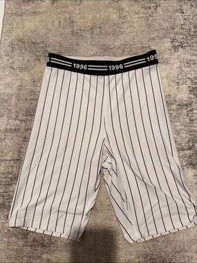 Womens White Pinstripe Shorts with Black Waistband